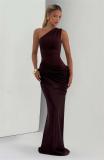 Brown One Shoulder Strapless Ruched Waist Luxury Women Party Evening Dress