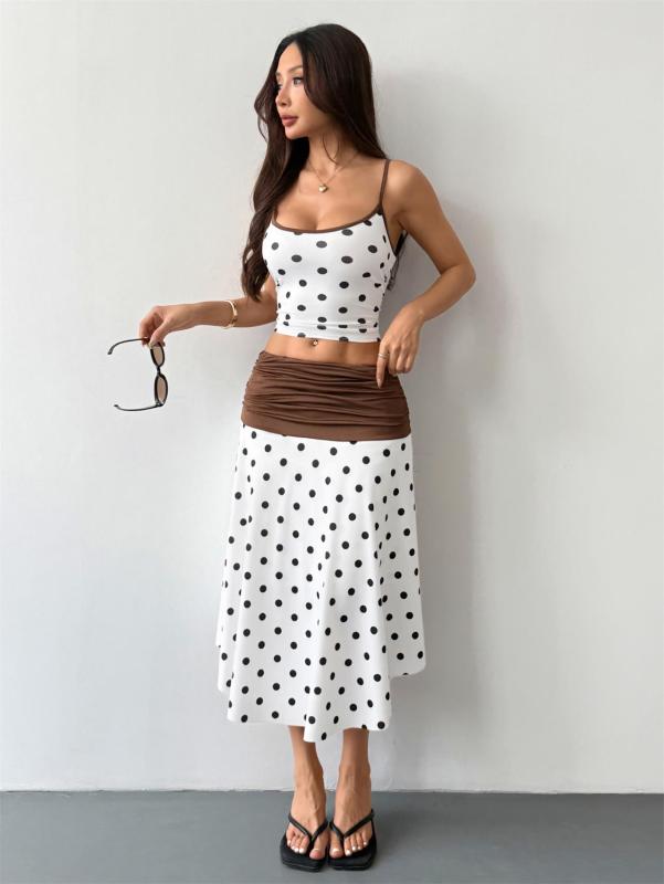 White Two Pieces Halter Print Polka Dot Crop Tops Pleated Waist Skirt Sets