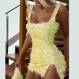 Yellow Straps Boat Neck Sequins Tassels Slit Sexy Club Mini Dress
