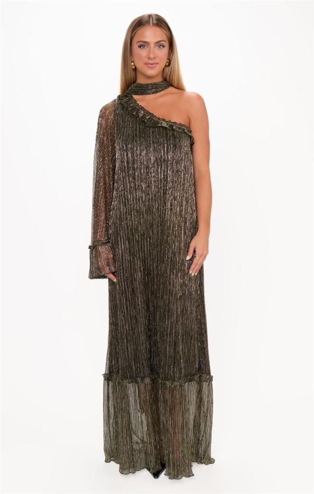 Black One Sleeve Pleated Silk Ruched Women Party Long Dress