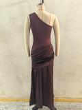 Brown One Shoulder Strapless Ruched Waist Luxury Women Party Evening Dress