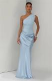Sky Blue One Shoulder Strapless Ruched Waist Luxury Women Party Evening Dress
