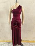 Claret One Shoulder Strapless Ruched Waist Luxury Women Party Evening Dress