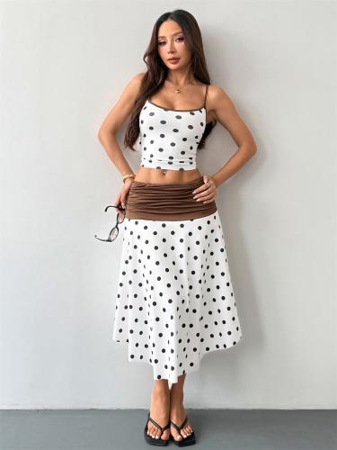 White Two Pieces Halter Print Polka Dot Crop Tops Pleated Waist Skirt Sets