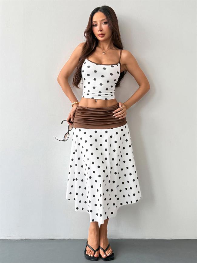 White Two Pieces Halter Print Polka Dot Crop Tops Pleated Waist Skirt Sets
