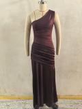 Brown One Shoulder Strapless Ruched Waist Luxury Women Party Evening Dress