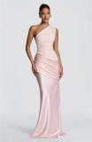 Pink One Shoulder Strapless Ruched Waist Luxury Women Party Evening Dress