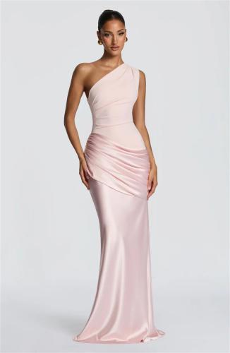 Pink One Shoulder Strapless Ruched Waist Luxury Women Party Evening Dress
