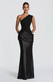 Black One Shoulder Strapless Ruched Waist Luxury Women Party Evening Dress