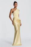 Yellow One Shoulder Strapless Ruched Waist Luxury Women Party Evening Dress