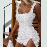 White Straps Boat Neck Sequins Tassels Slit Sexy Club Mini Dress