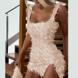 Beige Straps Boat Neck Sequins Tassels Slit Sexy Club Mini Dress