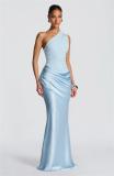 Sky Blue One Shoulder Strapless Ruched Waist Luxury Women Party Evening Dress