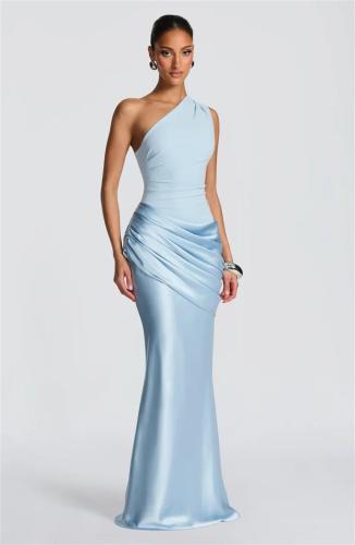 Sky Blue One Shoulder Strapless Ruched Waist Luxury Women Party Evening Dress