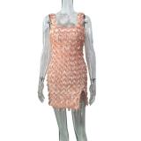 Orange Straps Boat Neck Sequins Tassels Slit Sexy Club Mini Dress