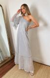 Silver One Sleeve Pleated Silk Ruched Women Party Long Dress