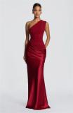 Red One Shoulder Strapless Ruched Waist Luxury Women Party Evening Dress