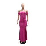 Rose Red Off Shoulder Sleeveless Ruched High Split Elegant Women Prom Long Dress