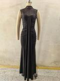 Black Mesh Neck See Through Bodycon Pleated Women Evening Dress
