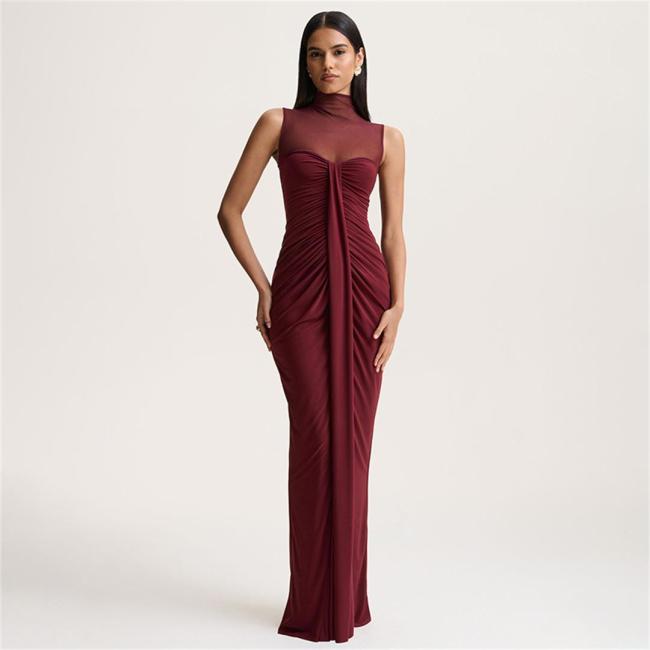 Claret Mesh Neck See Through Bodycon Pleated Women Evening Dress