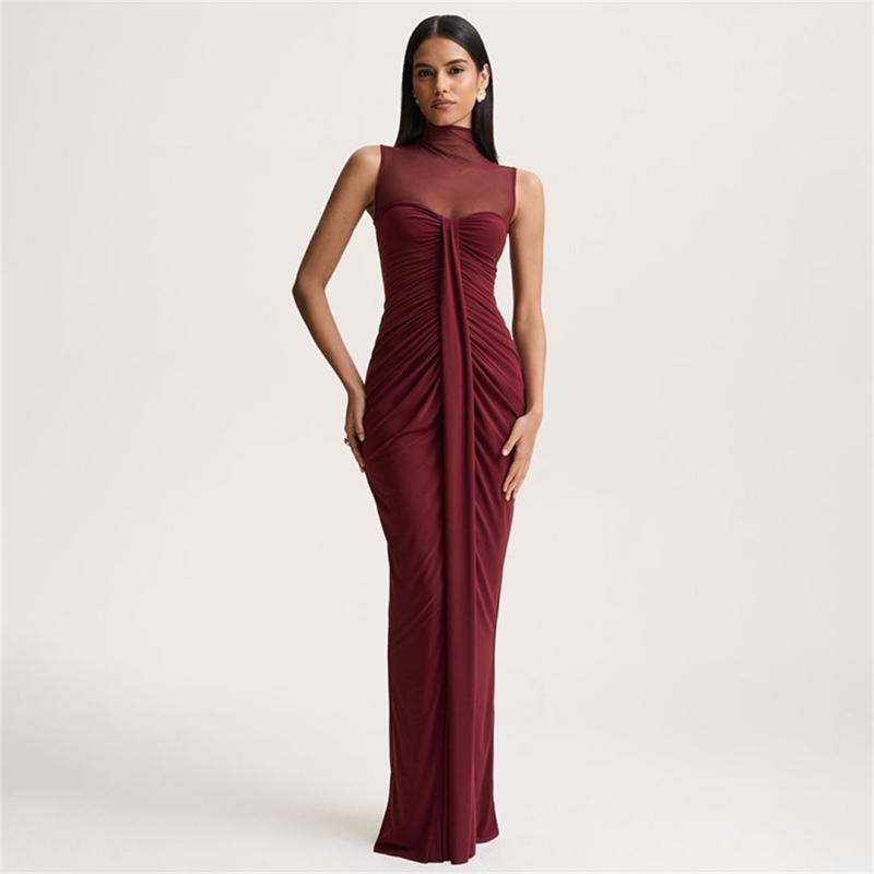 Claret Mesh Neck See Through Bodycon Pleated Women Evening Dress