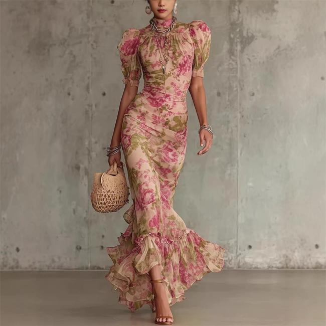 Red Short Sleeve Printed Women Fashion Vacation Maxi Dress