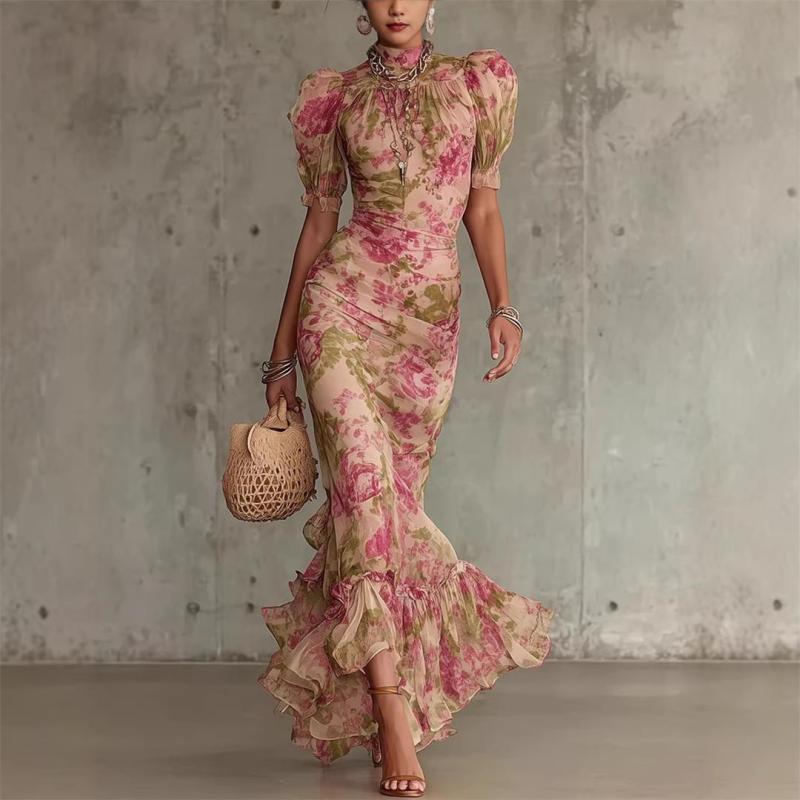 Red Short Sleeve Printed Women Fashion Vacation Maxi Dress