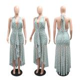 Green Halter Deep V Neck Printed Polka Dots Ruffles Vacation Midi Dress
