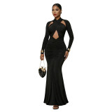 Black Cut Out Long Sleeve Bandage Women Pleated Evening Party Formal Dress