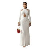 White Cut Out Long Sleeve Bandage Women Pleated Evening Party Formal Dress