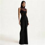 Black Mesh Neck See Through Bodycon Pleated Women Evening Dress