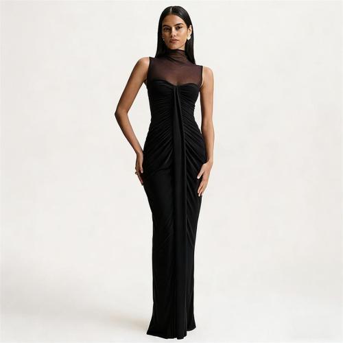 Black Mesh Neck See Through Bodycon Pleated Women Evening Dress