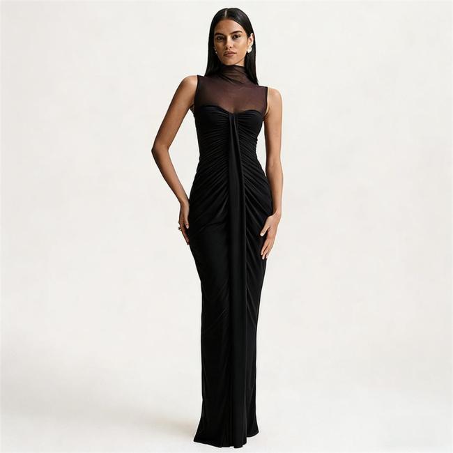 Black Mesh Neck See Through Bodycon Pleated Women Evening Dress
