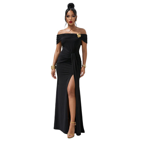 Black Off Shoulder Sleeveless Ruched High Split Elegant Women Prom Long Dress 004