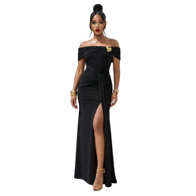 Black Off Shoulder Sleeveless Ruched High Split Elegant Women Prom Long Dress 004