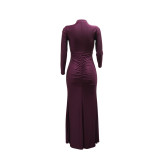 Claret Cut Out Long Sleeve Bandage Women Pleated Evening Party Formal Dress 001