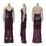 Claret Straps V Neck Sequins Tassels Mesh Sheer Party Elegant Maxi Dress