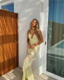 Yellow Straps V Neck Sequins Tassels Mesh Sheer Party Elegant Maxi Dress