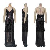 Black Straps V Neck Sequins Tassels Mesh Sheer Party Elegant Maxi Dress