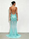 Green Straps V Neck Sequins Tassels Mesh Sheer Party Elegant Maxi Dress