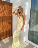 Yellow Straps V Neck Sequins Tassels Mesh Sheer Party Elegant Maxi Dress