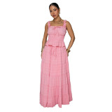 Pink Tow Pieces Casual Long Dress Sets Sexy Strap Sleeveless Top Loose Fashion Skirt