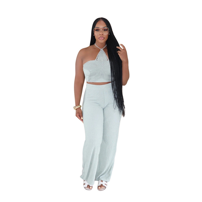Light Green Two Pieces Knitted Crop Tops Bodycon Party Street Pant Sets