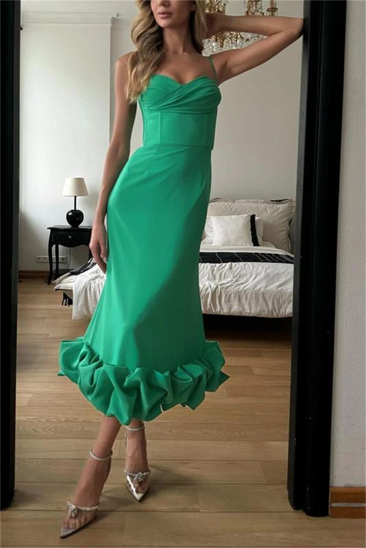 Green Straps Low Cut Ruched Vacation Women Midi Dress