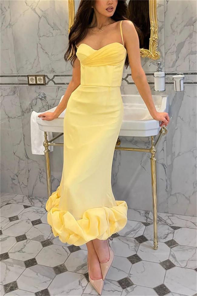Yellow Straps Low Cut Ruched Vacation Women Midi Dress