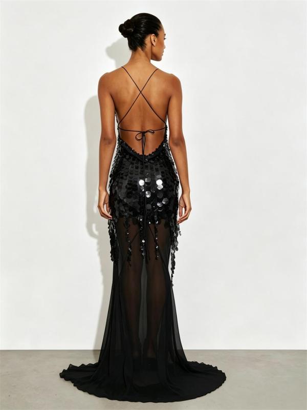 Black Straps V Neck Sequins Tassels Mesh Sheer Party Elegant Maxi Dress