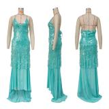 Green Straps V Neck Sequins Tassels Mesh Sheer Party Elegant Maxi Dress