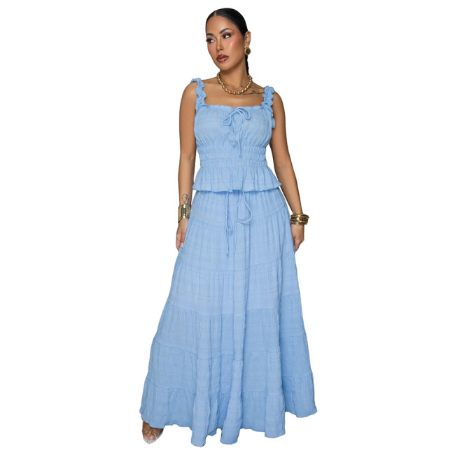 Blue Tow Pieces Casual Long Dress Sets Sexy Strap Sleeveless Top Loose Fashion Skirt 001