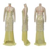 Yellow Straps V Neck Sequins Tassels Mesh Sheer Party Elegant Maxi Dress