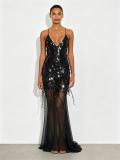 Black Straps V Neck Sequins Tassels Mesh Sheer Party Elegant Maxi Dress